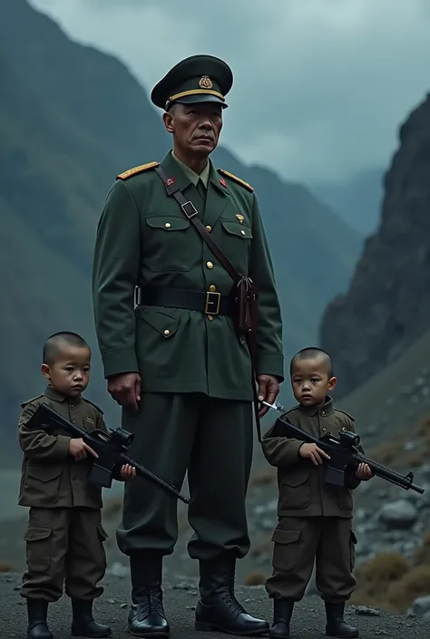 Cruel chinese Young army man smoking cigarette. Its himalayan area.  He wearing current Chinese army uniform. He is training small 10 years boy and girl. The children wearing army uniforms and there hand have gun. They have no hair. Face have no smile.  Ti...