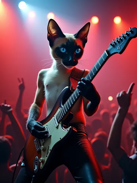 A Siamese cat playing guitar at a rock and roll performance,