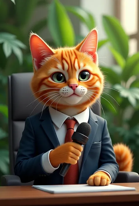 Create an orange cat sitting in chair wearing suit and acting as reporter background should cover plants and holding a mic
