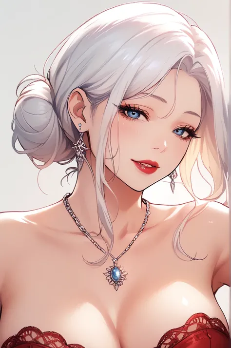 score_9, score_8_up, score_7_up, score_6_up, score_5_up, score_4_up, yu hee, blue eyes, white hair, large breasts, strapless lace sequin red short dress, bare shoulders, necklace,drop dangle earrings,long earrings,red lipstick , detailed eyes ,bare legs,ha...