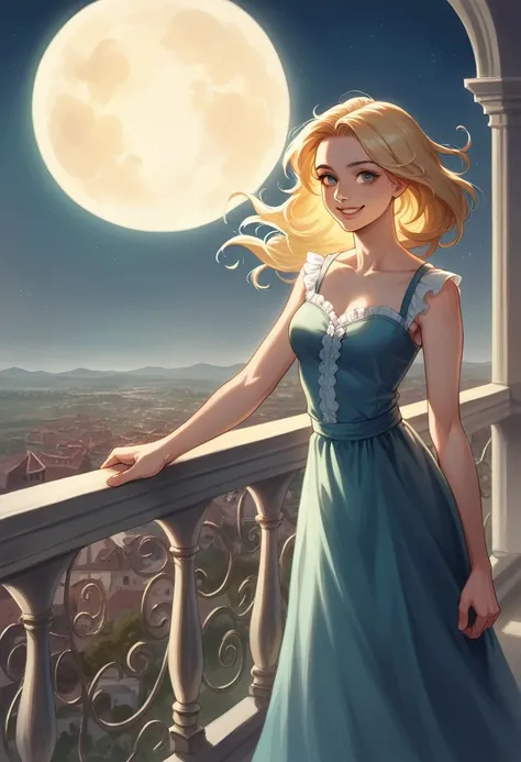 A cinematic, hyperrealistic digital painting of a young woman with windswept blonde hair, wearing a flowing blue silk blouse. She stands on a wrought iron balcony overlooking a bustling city at night, her silhouette illuminated by the soft glow of the full...