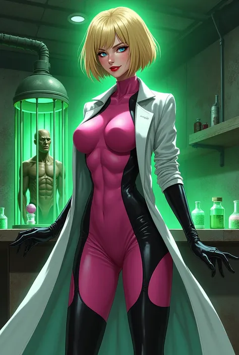 Anime style, Sultry and Beautiful young woman with a soul of pure evil and hatred. Short blonde hair that covers her left eye and blue eyed supervillain dressed in a sleek skintight pink bodysuit, long black gloves and black calf high boots. A long white l...