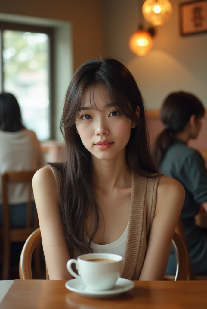 A beautiful Japanese woman in her early 20s with long straight hair、Sleeveless with arms sticking out of the cardigan、I&#39;m meeting you at the cafe.、Sitting in a chair、live-action、Drinking coffee、I can see the backs of the people sitting behind me realis...