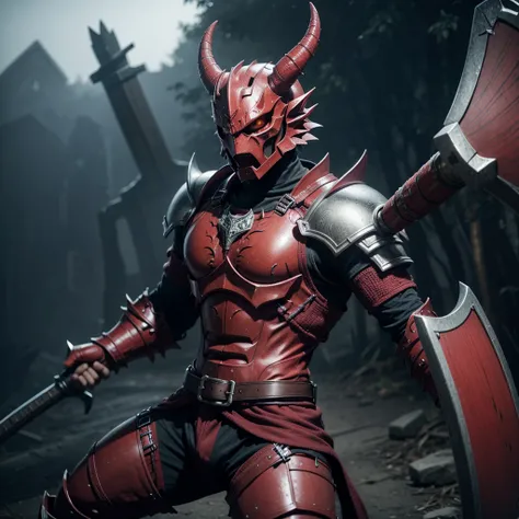 Create a character with red demon-bound dragon armor that has black details and white eyes and has a giant axe as a weapon 