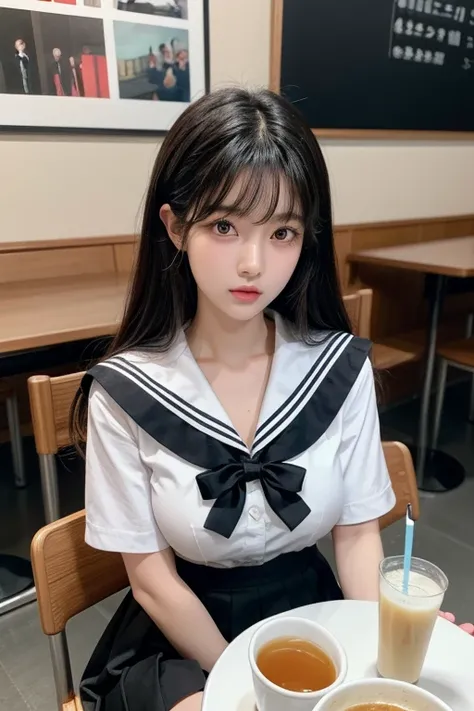 score_9, score_8_up, score_7_up, masterpiece, best quality, high resolution, realistic, 1girl, solo, Korean girl, looking at viewer, upper body, long black hair, bangs, brown eyes, big breasts, sailor suit, skirt, sitting, table, chairs, boba milk tea, bev...