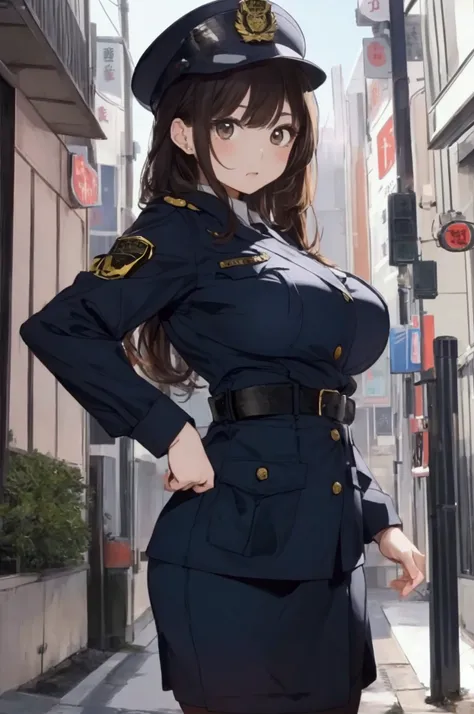 (ultra highres、ultra quality、Masterpiece、8k、),A girl with light  hair drawn in high resolution policewoman.japannse police woman、Young and cute 、Asian woman,s hot, Japanese Model, Cute Core,  , Chubby 、(big breast)、Town、Fluffy white blouse