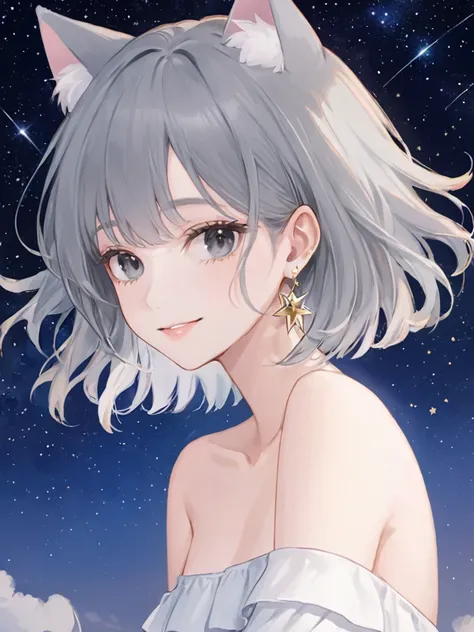 ultra-detailed,(best quality),((masterpiece)),(highres),original,extremely detailed anime art,1girl,black eyes,solo,jewelry,smile,gray bob hair, fluffy gray cat ears,earrings,looking at viewer,upper body,shirt,off shoulder,star (sky),white shirt,closed mou...