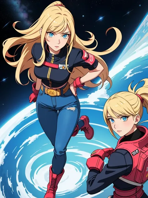 Anime style female character inspired by vintage space opera aesthetics., with elongated facial features, 165 cm tall, have blonde, waist length, wavy hair with v bangs, and blue eyes. She is wearing tight jeans and high boots on top., adding an equestrian...