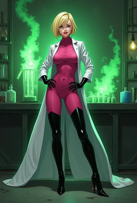 Anime style, Sultry and Beautiful young woman with a soul of pure evil and hatred. Short blonde hair that covers her left eye and blue eyed supervillain dressed in a sleek skintight pink bodysuit, long black gloves and black calf high boots. A long white l...