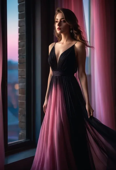 closeup shot, woman in a dress standing in front of a window, romanticism, in evening gown, flowing gown, wearing a flowing dress, mysterious woman, haunting beautiful young woman, wearing a black flowing dress, flowing dress, woman in dress, extremely moo...