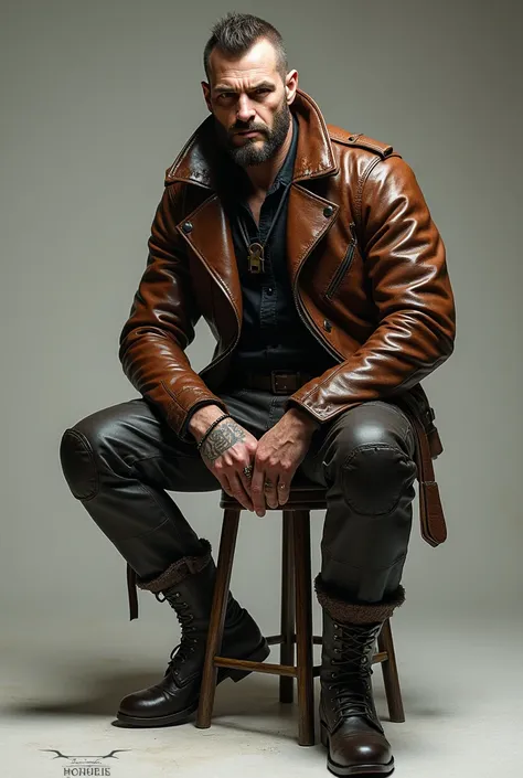 arafed man in leather jacket sitting on stool with his hands on his hips, dressed in biker leather, leather clothing and boots, leather, wearing leather jacket, leathery, dressed in leather jacket, wearing a full leather outfit, wearing a leather jacket, w...