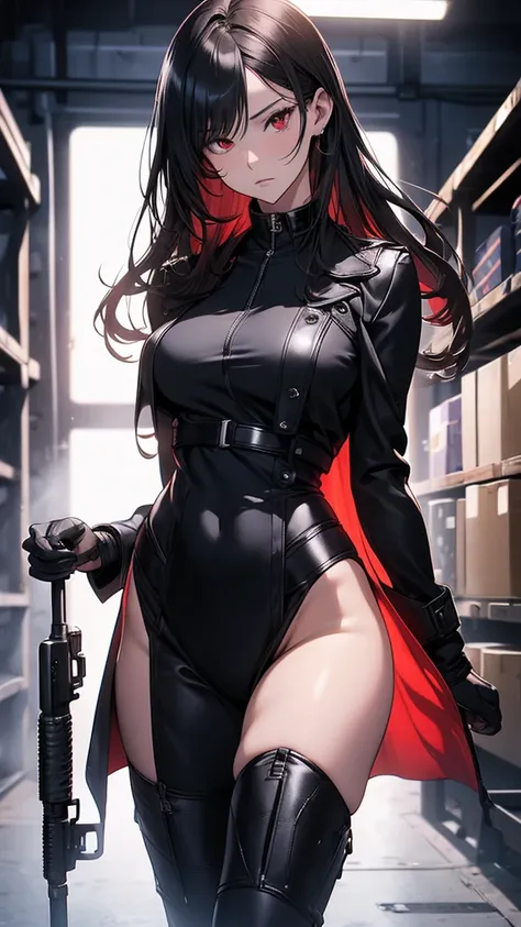 4K resolution,((Highest quality)),Ultra-high resolution,Adult women, alone, sexy, (Stern face), (Red eyes), Beautiful and symmetrical face, (Black irregular long hair), Black coat,Black suit pants,A mercenary woman,Realistic:1.4,Realistic:1.4,night,(master...