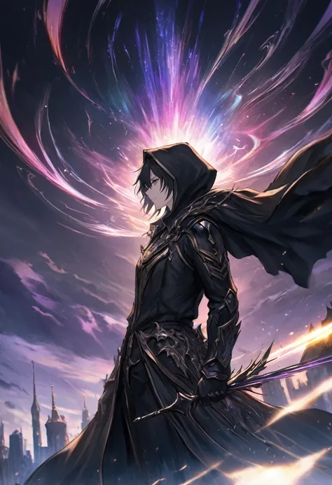 a character from the anime I Want to Become a Shadow Powerful, Shido Kageno, wearing a black hooded cape with gold trim, all-black outfit, dark expressionless, holding a dull shining rapier up to the sky, floating in the sky above a European-style city, ba...