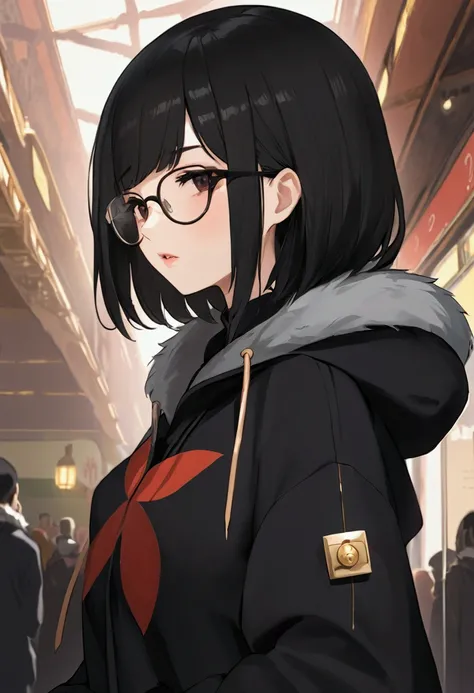 score_9, score_8_up, score_7_up, score_6_up, score_5_up, score_4_up, source_cartoon, rating_safe, Ayaki Blade, 1girl, shy, portrait,  looking down, front facing, black hoodie, fluffed collar, exposed midriff, abs, round glasses, black lips, long eyelashes,...