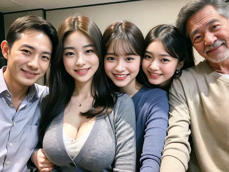 (A photo of a young, beautiful Korean female president dressed as a politician exchanging warm embraces with three elderly, gray-haired grandfathers.:1.3)(Grinning expression:1.2)(20-year-old:1.3)(Huge , There is cleavage in the chest:1.2),(Sweating profus...