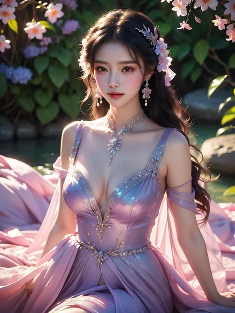 bioluminescent dress
butterfly dress（(Girl lying in a bush))、Phalaenopsis，Lilac dendrobium、orange lily、White Lily, A beautiful and moving woman, in an elegant pose, her full breasts on display.，Visible cleavage，Sexy long legs，Variety of slim and cute beaut...