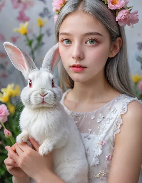 detail, Realism, 4k, 15 year old girl, face detail, big yellow eyes, thick lips, splash nose, gray hair with pink highlights, in a white dress, with a rabbit in his hands, Flowers in the background, white butterflies in closeup, realistic shot, depth of fi...