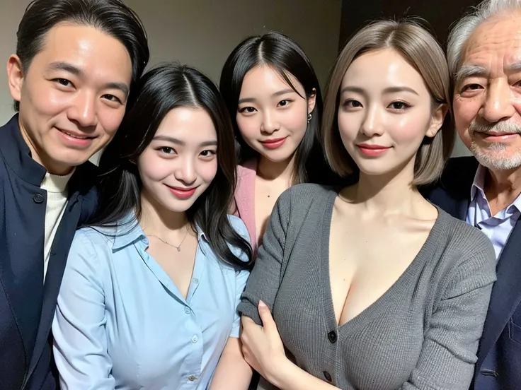 (A photo of a young, beautiful Korean female president dressed as a politician exchanging warm embraces with three elderly, gray-haired grandfathers.:1.3)(Grinning expression:1.2)(20-year-old:1.3)(Huge , There is cleavage in the chest:1.2),(Sweating profus...