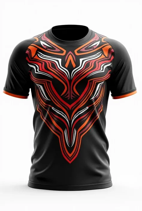 Create rugby jersey  black round neck black red white orange white Maori tribe  pattern white background 