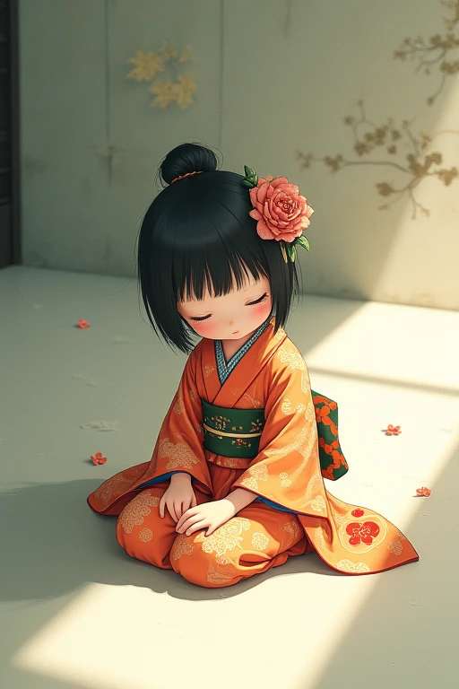 Mini character, short, kimono, sitting on the ground, diagonally from above