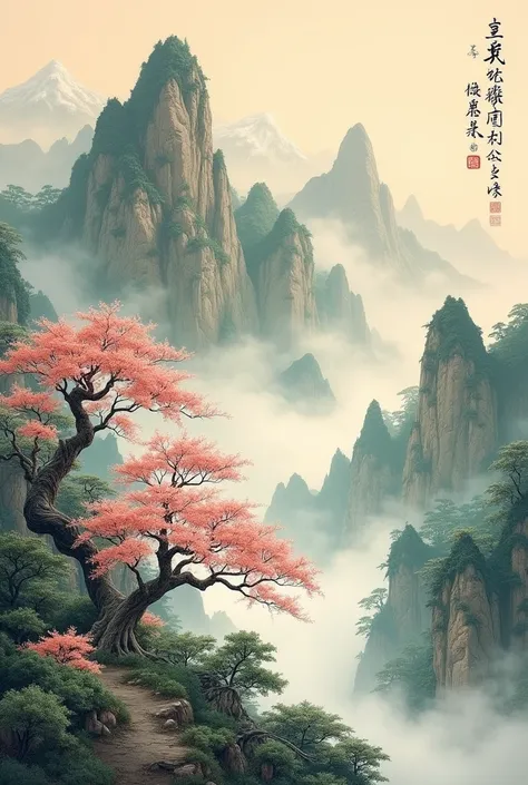 chinese painting, old style, landscape, mountain, forest ,peach blossom,plum