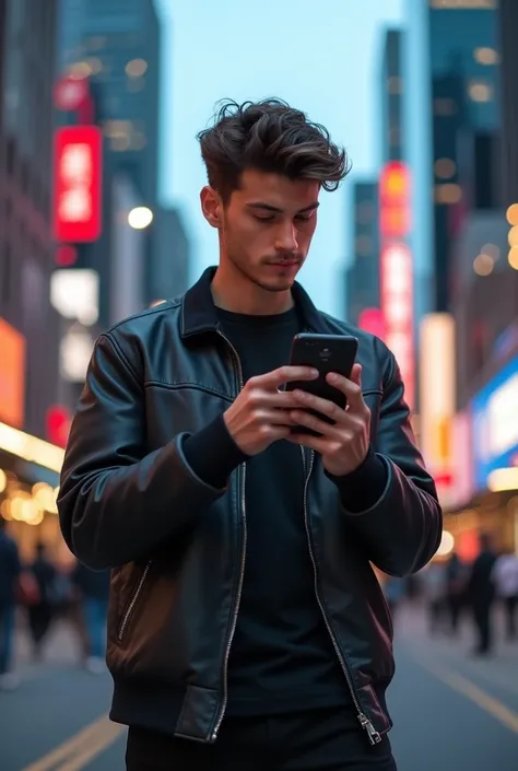 A young man Style look in City on i phone 