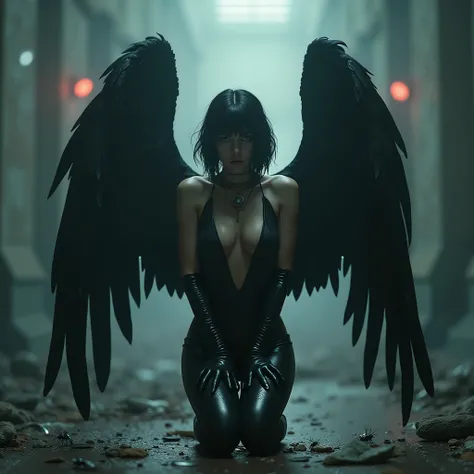 (Best Quality,hight resolution,Masterpiece, full body front view:1.2),Ultra-detailed,woman with black crow wings dressed in black latex bodysuit,sickly,kneeling in a creepy abandoned place, black open wings, detailed wings, intricate high waisted black bod...