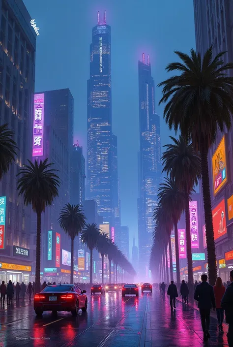 Oil painting of a futuristic street, tall buildings in a distance,bright purple and blue lights, billboards, people walking on footpath, and cars on the street. Night time, raining, very realistic, very less palm trees in the walk way.