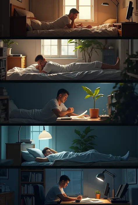 (photorealism:1.2) a man binge watching on bed, a man busy studying, a man soundly sleeping, a man working out in the gym, a man working in office late at night 