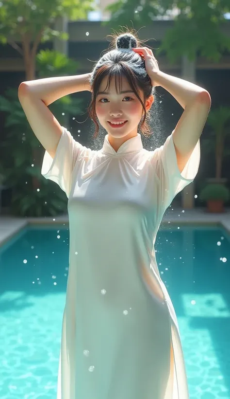 Create an Asian beauty，front，Standing in the middle of the swimming pool，Hair in a bun，Beautiful big eyes，Regular facial features，Normal limbs，Very white skin，Cute big breasts and buttocks，Proud of your figure，White loose traditional silk cheongsam，Hair in...