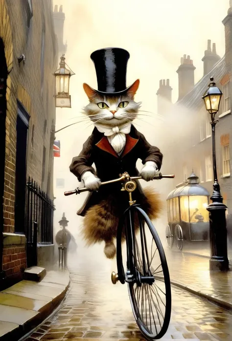 in the early morning fog、riding a penny-farthing bike along the cobbled streets of london、victorian british cats, wearing a top ...