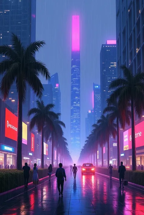 Oil painting of a futuristic street,india, tall buildings in a distance,bright purple and blue lights, billboards, people walking on footpath, and cars on the street. Night time, raining, very realistic, very less palm trees in the walk way.