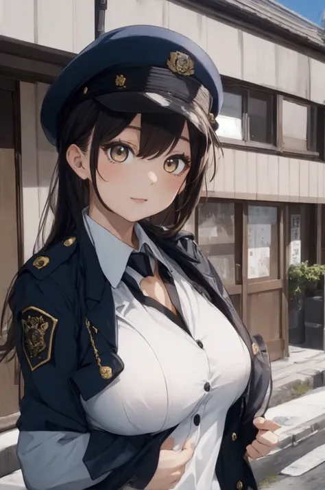 (ultra highres、ultra quality、Masterpiece、8k、),A girl with light  hair drawn in high resolution policewoman.japannse police woman、Young and cute 、Asian woman,s hot, Japanese Model, Cute Core,  , Chubby 、(big breast)、Town、Fluffy white blouse、(I can see your ...