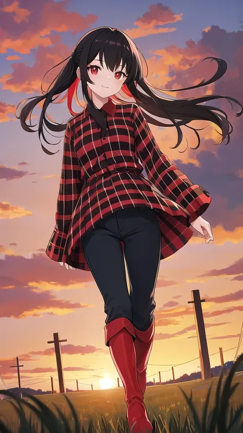 Young woman, high, god, black hair, Red eyes, solo, One, costs, field, sunset, checkered shirt, Red shirt, pants, red knee-high boots, looking at the viewer, 8k, red boots, 