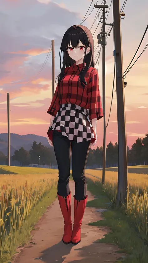 Young woman, high, god, black hair, Red eyes, solo, One, costs, field, sunset, checkered shirt, Red shirt, pants, red knee-high boots, looking at the viewer, 8k, red boots, 