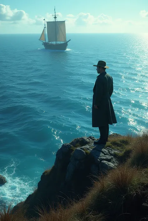 (photorealism:1.2), a detective standing on a edge of a hill near sea, colourful, blue deep sea, a wooden ship in the sea