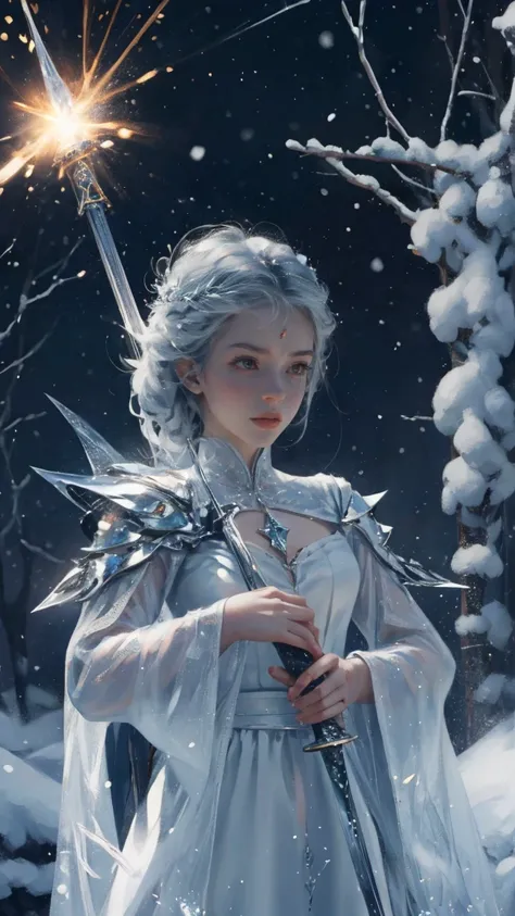 The Snow Queen has a sword made of ice. The sword shines with sparkling ice particles.