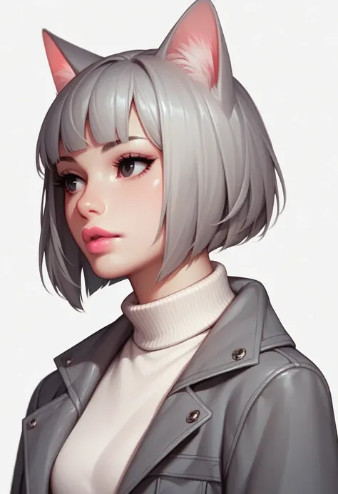 girl, gray hair, black eyes, Sharp features, white skin, pink lips, bob hairstyle, sweater, gray jacket, cat girl, white background