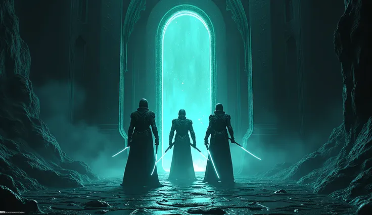 IN abyass of void black hard obsidianed stonened flour and walls there is a big Magical Gate opening made of dark obsidian emitting light from which Three heros are coming out those are 3 space soilders with futuristic armour holding matrix pattren swords.