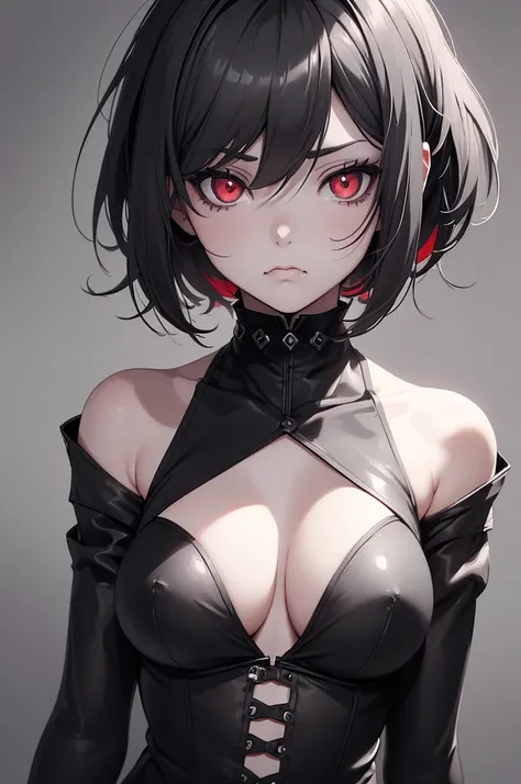 (digital painting),(best quality), masterpiece, 8k resolution, (grey background:1.4), anime girl, one girl, solo, goth girl, pale skin, (medium breast:1.4) seducing, (sad face: 1.2), big eyes, (red eyes:1.2) detailed eyes, cute girl, short hair, black hair...