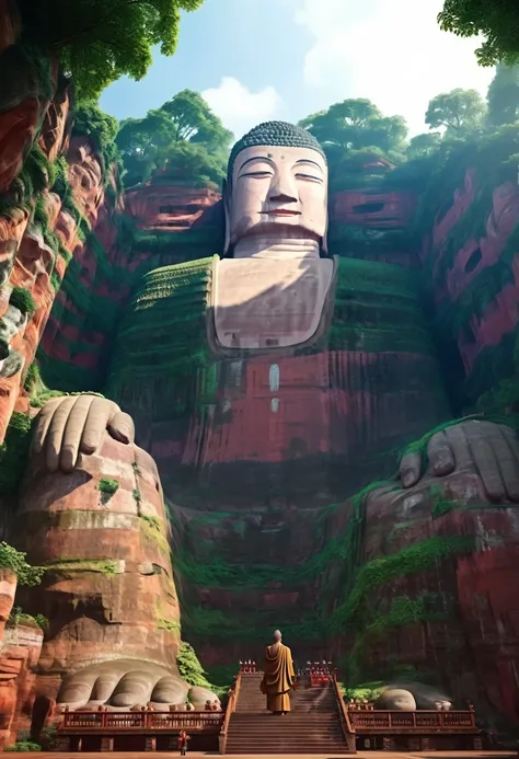 a giant, leshan giant buddha realistic version, perfect integration with nature, surrealism, extremely detailed, reality:1.37, 3...