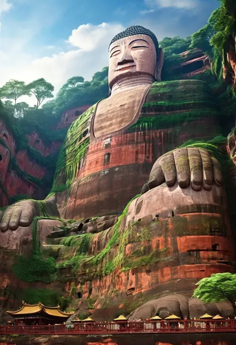 a giant, leshan giant buddha realistic version, perfect integration with nature, surrealism, extremely detailed, reality:1.37, 3...