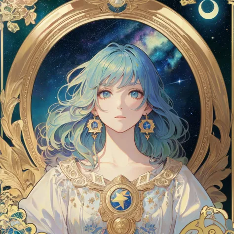 Beauty 1 person、(masterpiece、highest quality、highest quality、beautiful and aesthetic:1.2)、round picture frame、Rainbow-colored、earrings、Based on the concept of an elegant woman、Shining eyes、(((colorful hair)))、Gradation、hyperdetailed intricately detailed, u...