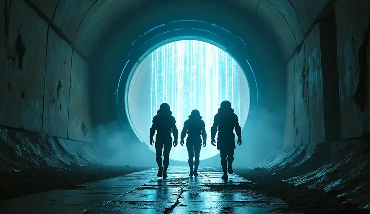 A close-up picture of 3 space soldiers emerging from a large advanced gate in a ruined cave, intricate details, blue matrix code patterns glowing on the walls, dynamic lighting, cinematic atmosphere --ar 1:1 --s 100 --no text