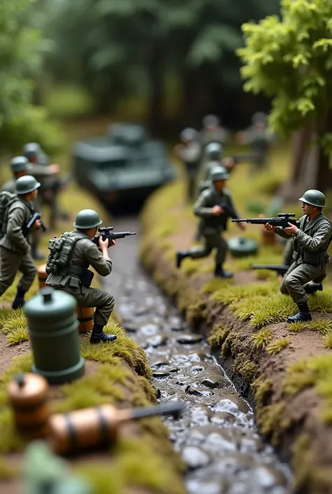 Army miniature diorama on the Wooden base/lining. Theres Malaysian army and japanese army, There is a ditch there . Do it From the top view, There is oil gas as decoration along with trees and grass