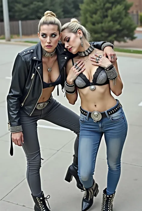 russian old milf woman, blonde hair (top bun), with very light blue eyes, extremely pale. Wearing studded cropped black moto jacket (with lots of side zippers and pins), black and white lace push up bra , dark skinny blue jeans and pointy silver Chelsea bo...