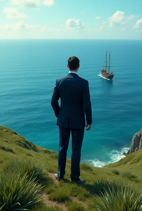 (photorealism:1.2), a detective standing on a edge of a hill near sea, edge of the hill is plainland with green grass, colourful, blue deep sea, a wooden ship in the sea