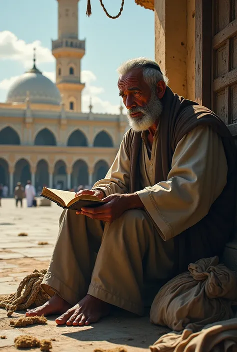 A poor old man is crying behind the Makkah and is carrying junk with him and a book of the Holy Quran is placed in front of him.