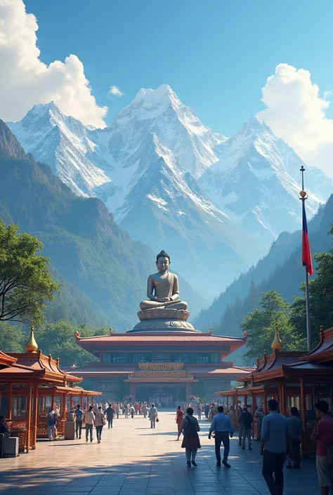 Nepalese airport with Buddha and mountain and nepali flag 