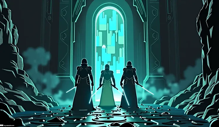 IN abyass of void black hard obsidianed stonened flour and walls there is a big Magical Gate opening made of dark obsidian emitting light from which Three heros are coming out those are 3 space soilders with futuristic armour holding matrix pattren swords.